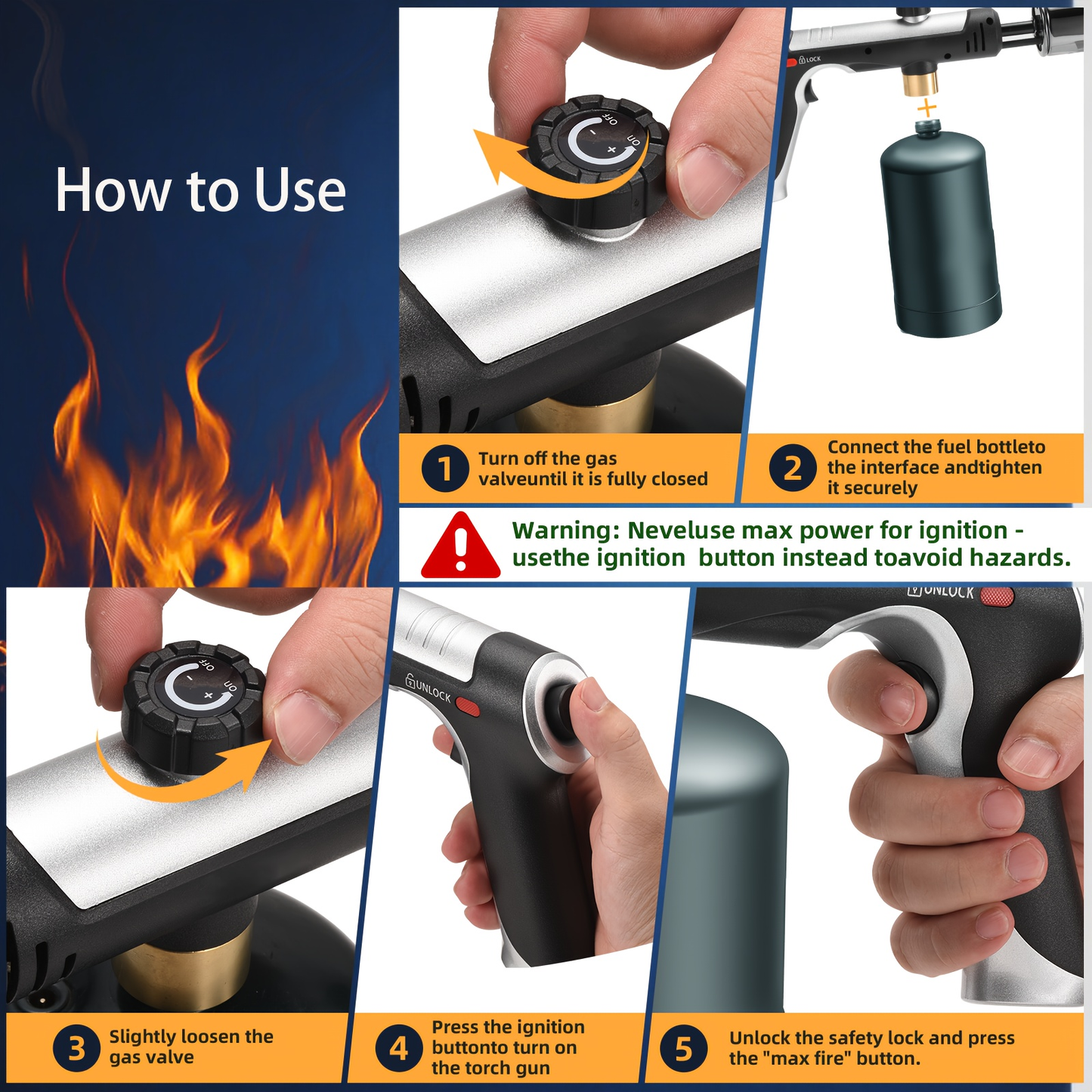 Propane Torch Gun with Safety Lock & One-Touch Max Fire, Adjustable Flame Butane Burner for Searing Steak