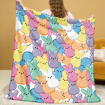 Pastel Rabbit Print Throw Blanket with Repeating Multicolor Bunny Design in Four Rectangular Size Options