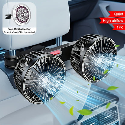 Car Fan for Back Seat – Dual Head USB Cooling Fan, Foldable 360° Rotation, Ultra-Quiet Motor, 70-Inch Cord, for Vehicle, Home & Office Use