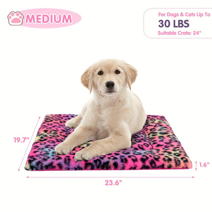 Reversible Plush Pet Mat Leopard Print Fleece Soft Warm Dog Cat Bed Pad Anti-Slip Machine Washable for Crate Car Sofa Floor