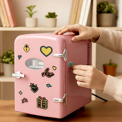 4-Liter Portable Mini Cooler and Warmer with Decorative Stickers, Carry Handle, Shelf and Black, Pink or Red Options