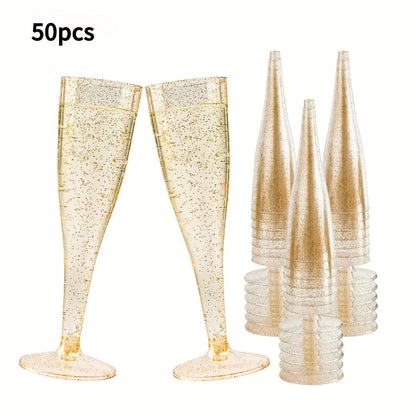 Plastic Champagne Flutes Bulk 25 50 Pack Disposable Reusable Golden Glitter Champagne Glasses for Entryways, Bedrooms and Living Spaces