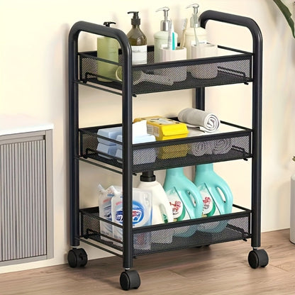 Rolling Storage Cart on Wheels – 3/4/5 Tier Carbon Steel Wire Basket Trolley, Black Metal Utility Cart for Kitchen, Bathroom, Bedroom