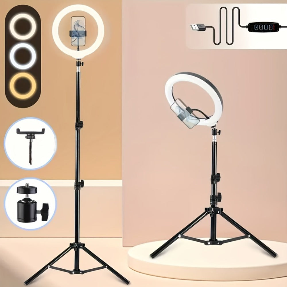 10- or 18-Inch Ring Light with Cable Power, Adjustable Brightness and Desktop or Floor Stand Options
