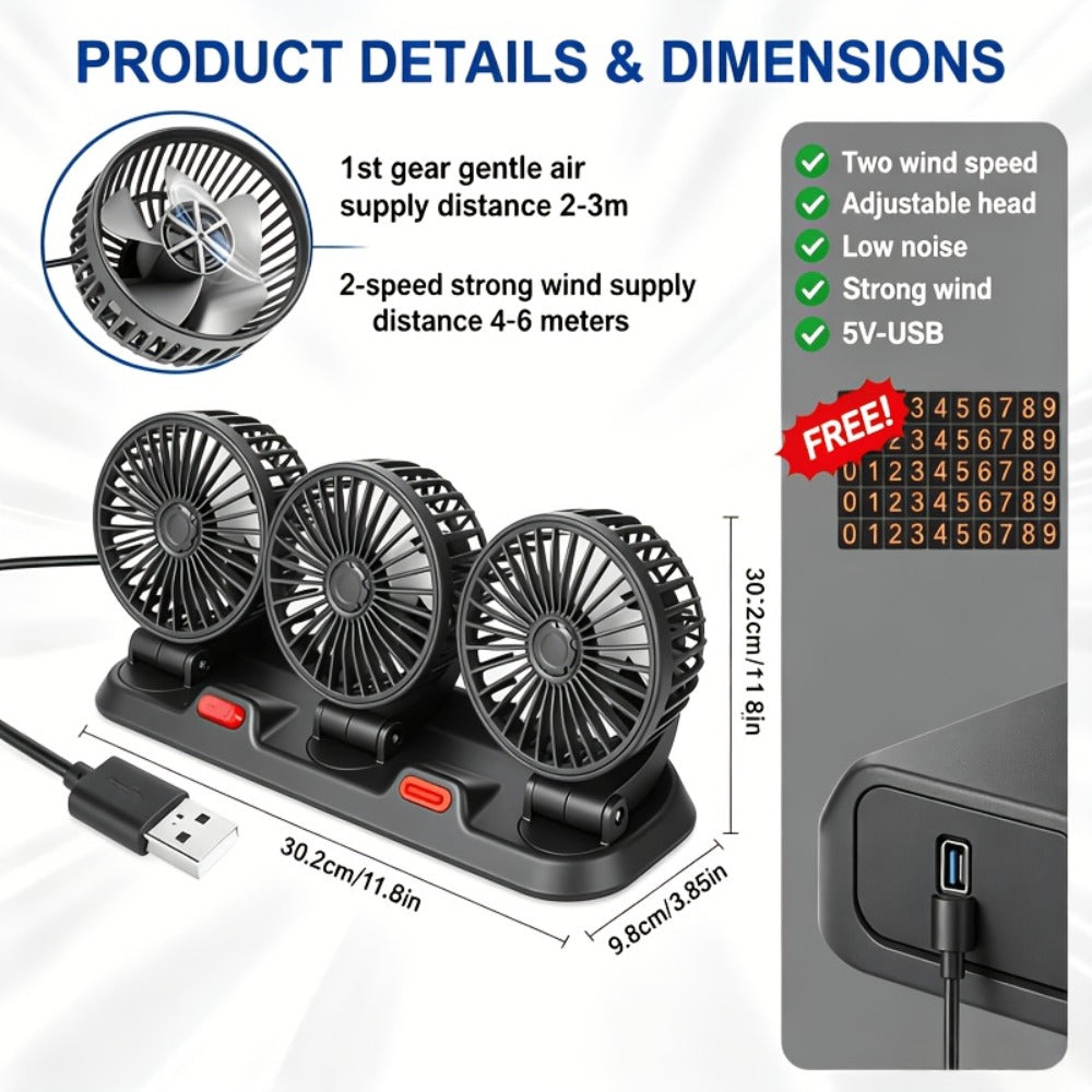 USB 3-Head Desk Fan Quiet Operation Adjustable Speed Powerful Efficient Cooling for Home for Home, Office and Desktop Air Circulation