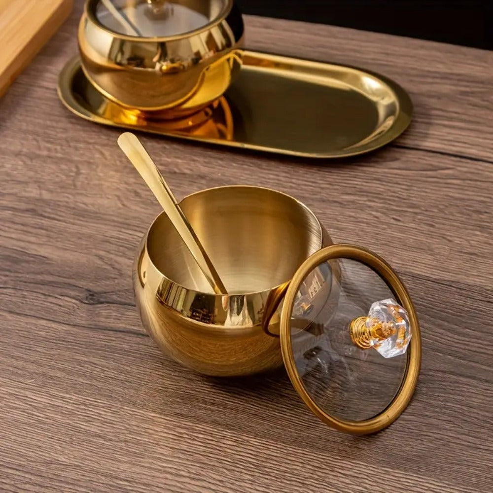 Golden Stainless Steel Seasoning Jar Set 2 or 3pcs Spice Containers with Lid and Spoon for Home Cooking, Dining and Outdoor Meals