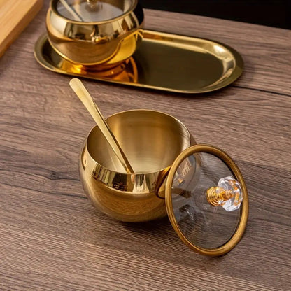 Golden Stainless Steel Seasoning Jar Set 2 or 3pcs Spice Containers with Lid and Spoon for Home Cooking, Dining and Outdoor Meals