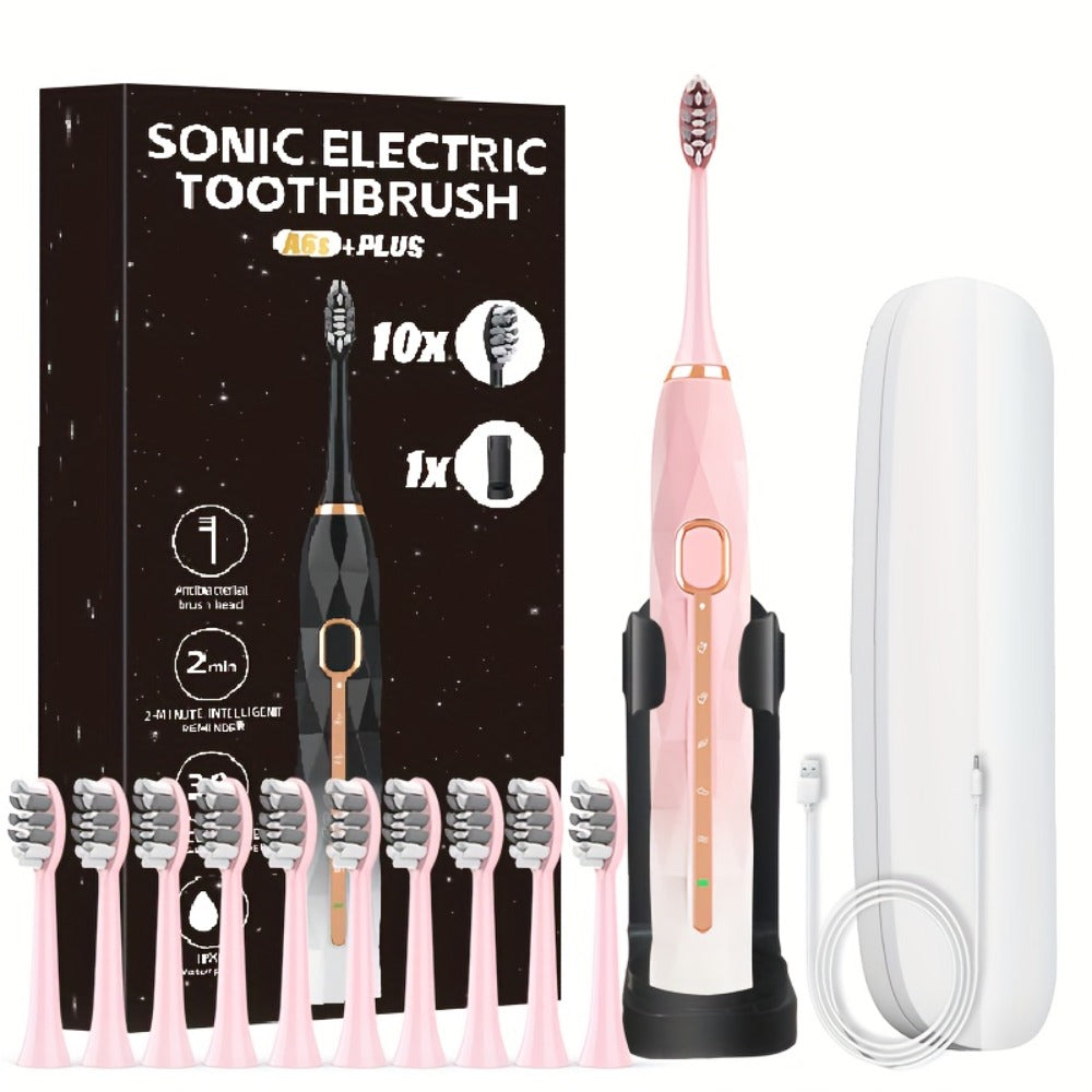 IPX8 Sonic Electric Toothbrush with 8 Replacement Brush Heads – Metal Shaft, USB Rechargeable 500mAh, Travel Case & Holder