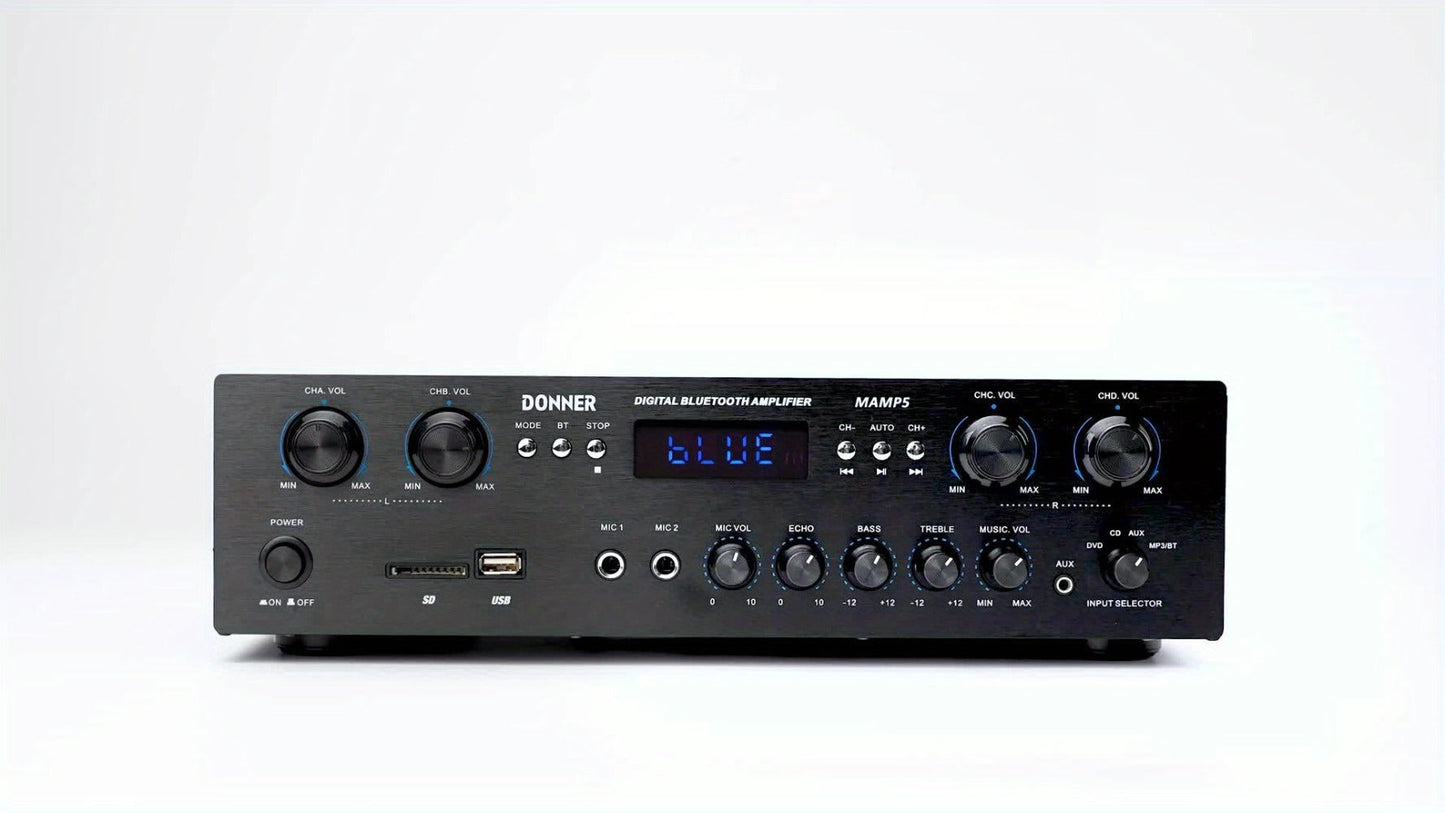 Donner 4-Channel Home Stereo Receiver Amplifier with USB SD FM Radio, Dual Mic Input Echo, RCA
