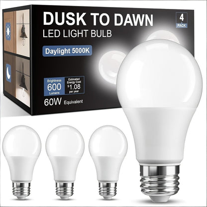 Outdoor Light Bulbs Dusk to Dawn, A19 E26 LED Sensor Bulb 9W 60W Equivalent 800LM 5000K Daylight White, Auto On Off Photocell Smart Sensor