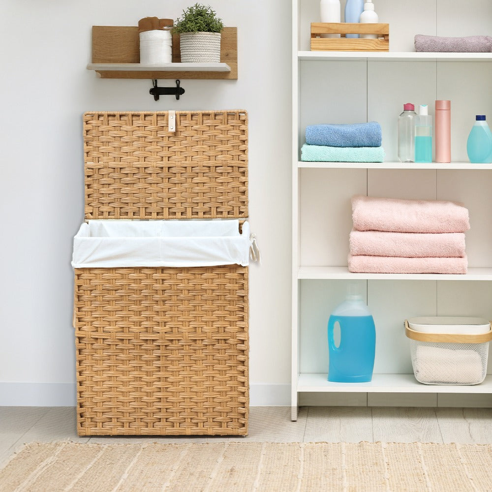 Woven Laundry Hamper with Hinged Lid, Removable Fabric Liner and Side Handles in Two Sizes and Brown or Gray