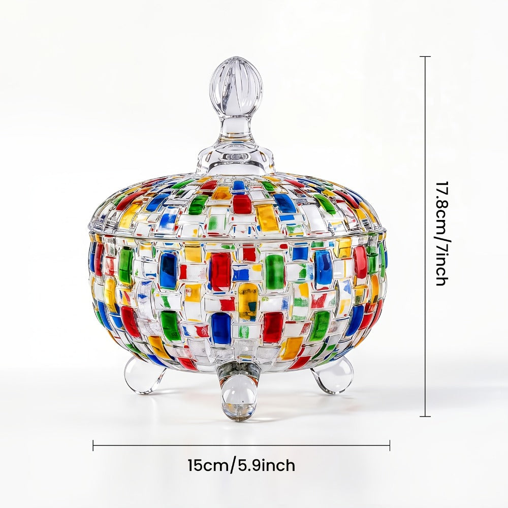 Crystal Glass Candy Dish with Lid & Tongs – Hand-Painted Colorful Candy Box, Jewelry Storage Jar, Christmas Gift for Family & Friends |