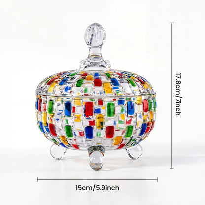 Crystal Glass Candy Dish with Lid & Tongs – Hand-Painted Colorful Candy Box, Jewelry Storage Jar, Christmas Gift for Family & Friends |