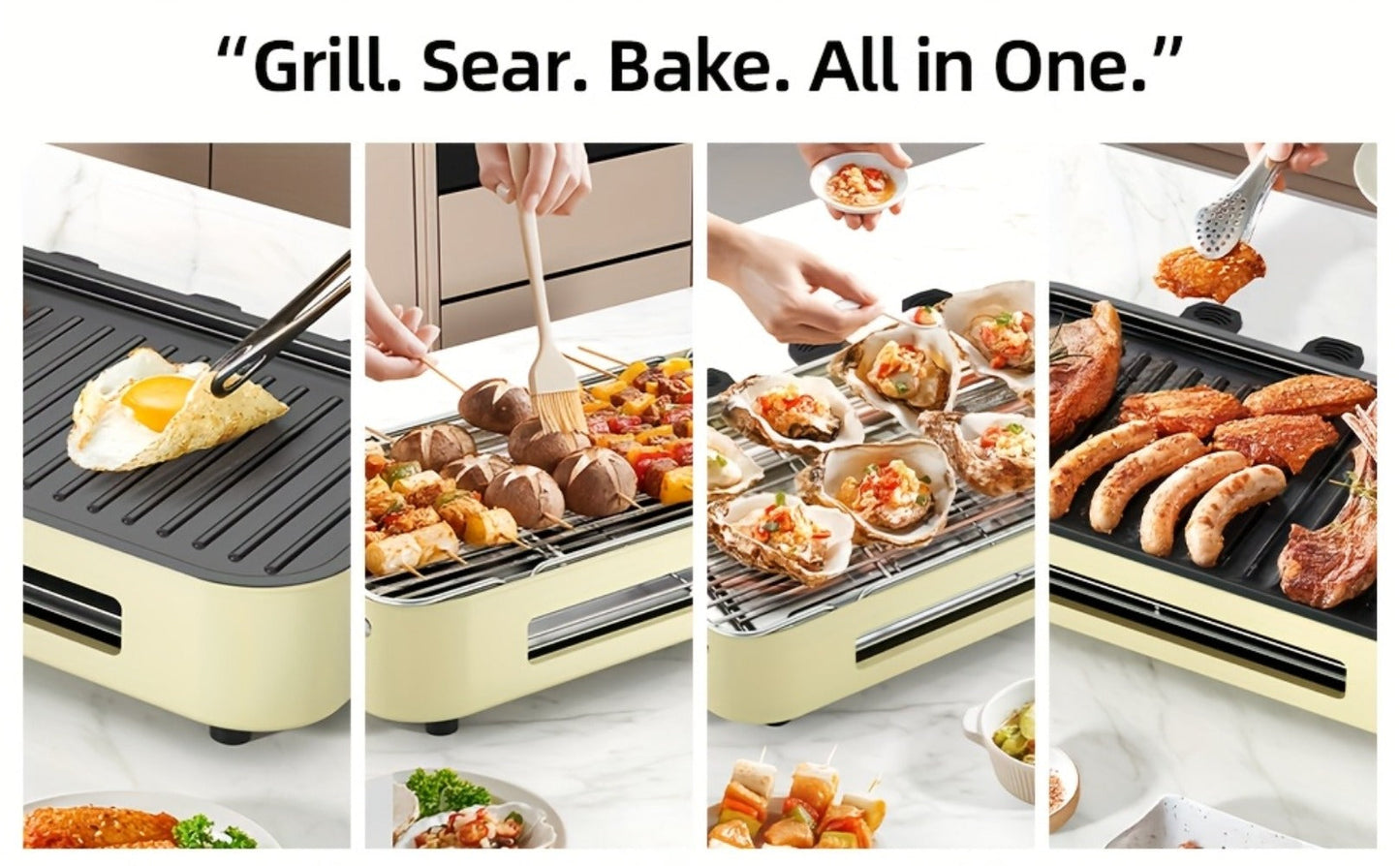 Electric BBQ Grill Indoor, 1500W Smokeless Tabletop Grill with Removable Frying Pan, Waffle Maker & Non-Stick Stainless Steel Plates