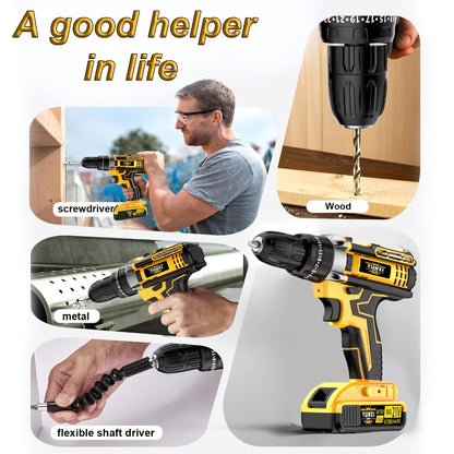 Cordless Impact Drill Set 21V, Electric Power Drill with 2.0Ah Battery, Fast Charger, Screwdriver Bits