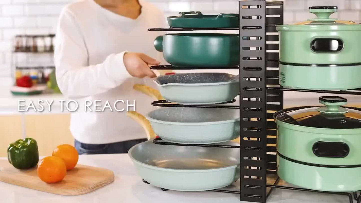 Eight-Tier Pot and Pan Organizer Rack in Black with Side Cookware and Lid Positions, One- or Two-Piece Sets
