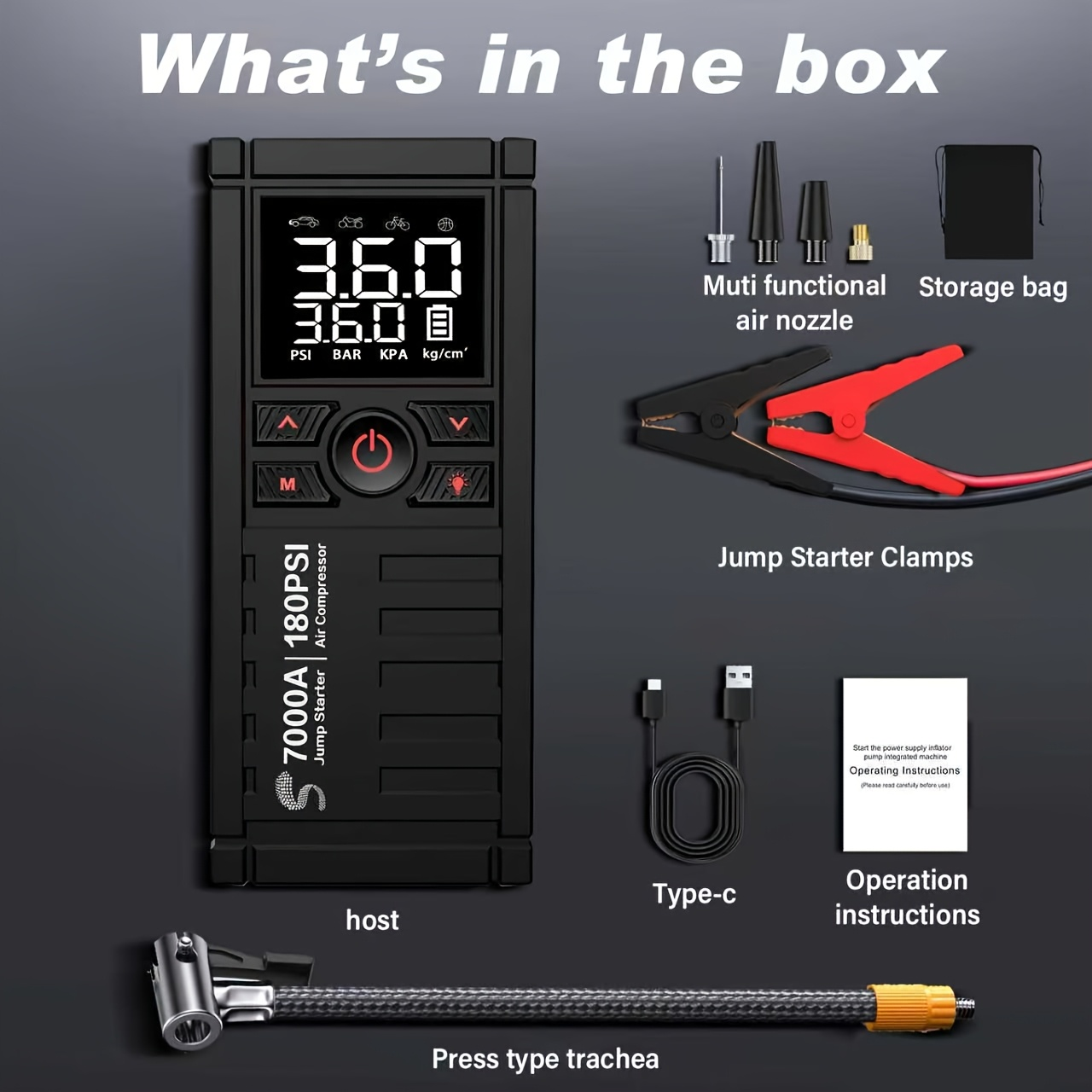 7000A Jump Starter 8-in-1 29800mAh with Air Compressor Tire Inflator SOS LED Flashlight Power Bank for Garden, Patio and Yard Use