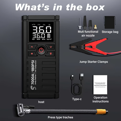 7000A Jump Starter 8-in-1 29800mAh with Air Compressor Tire Inflator SOS LED Flashlight Power Bank for Garden, Patio and Yard Use