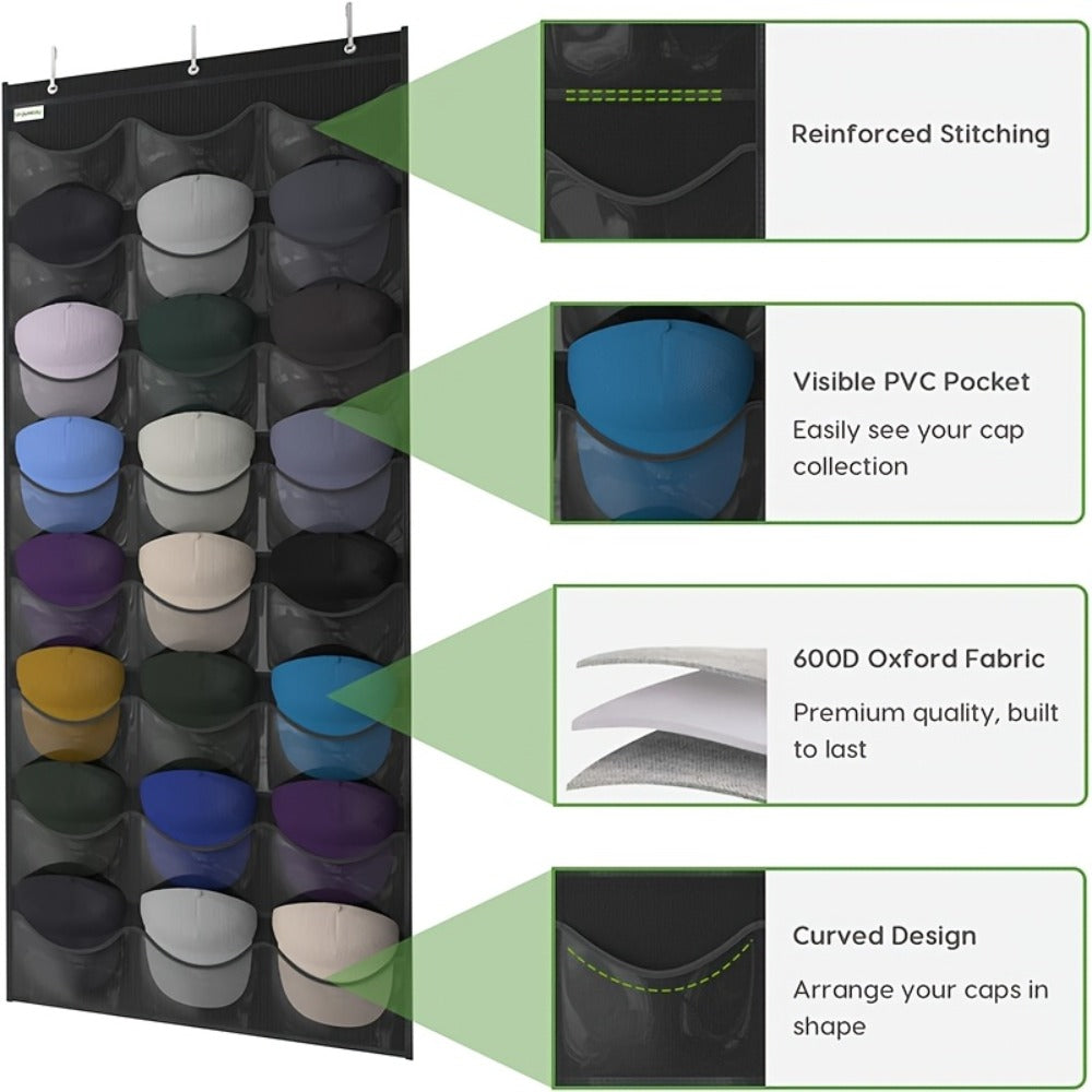 Over the Door Hat Organizer 24 Pocket - Baseball Cap Rack with Large Clear Pockets for Entryways, Bedrooms and Living Spaces