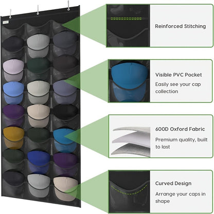 Over the Door Hat Organizer 24 Pocket - Baseball Cap Rack with Large Clear Pockets for Entryways, Bedrooms and Living Spaces