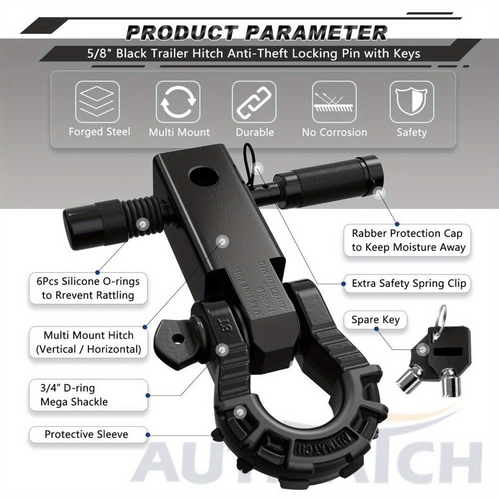 Shackle Hitch Receiver 2-Inch 68, 000 lb Break Strength with 3/4" D-Ring & 5/8" Hitch Lock Pin – Heavy Duty Drop Forged Steel 8-Ton Vehicle