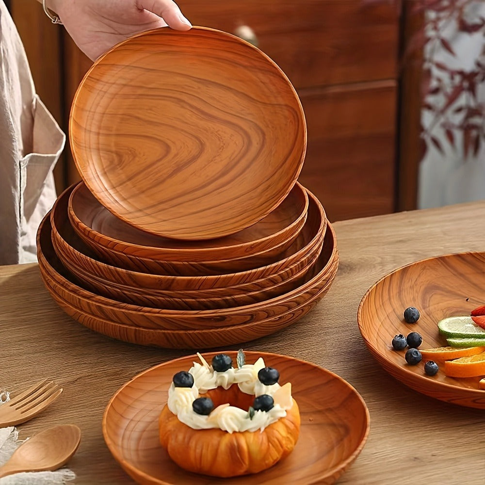 10pcs Wood Grain Dinner Plates Set – Round Striped Plastic Serving Trays for Home Kitchen Dessert Shop Restaurant