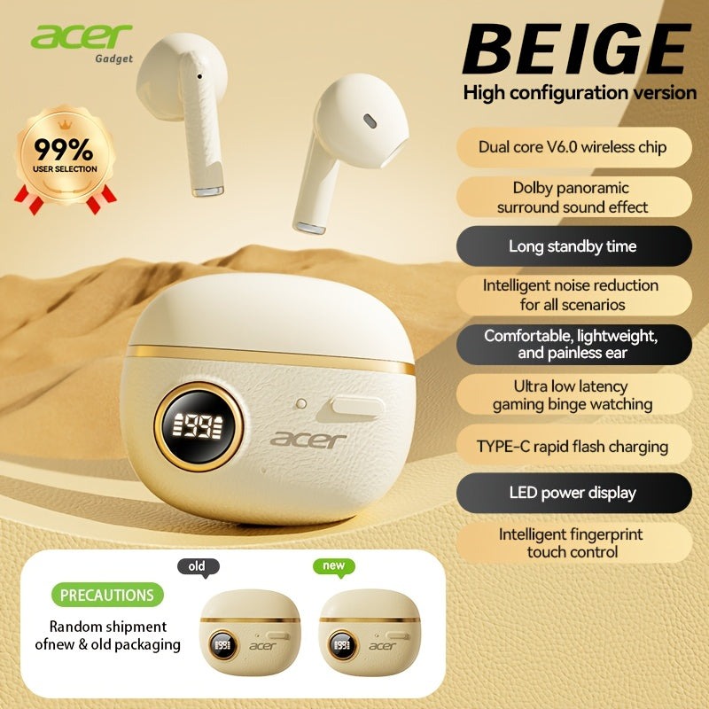 Wireless Earbuds Acer TWS with Active Noise Cancellation, Touch Controls and Orange, Black or Beige Options