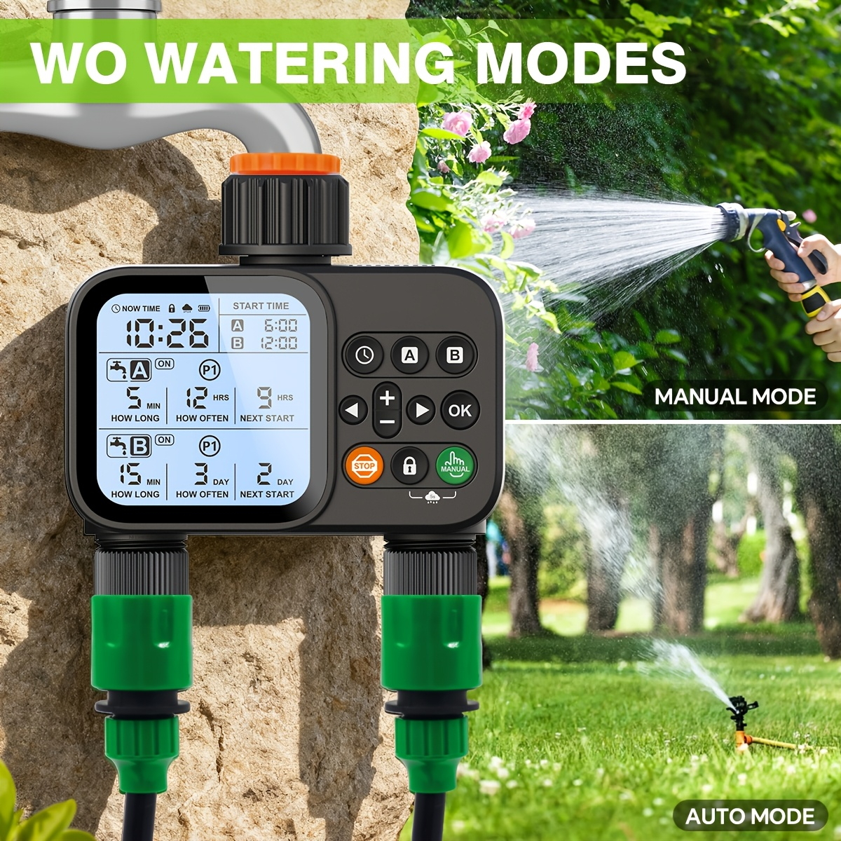Automatic Drip Irrigation Timer Smart Garden Watering Controller 2-Zone, for Garden, Lawn and Yard Watering
