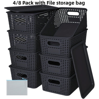 Shelf Storage Organizer Bins with Lids 4 or 8 Pack, Stackable 10 x 7 x 4 Inch Boxes in Four Colors