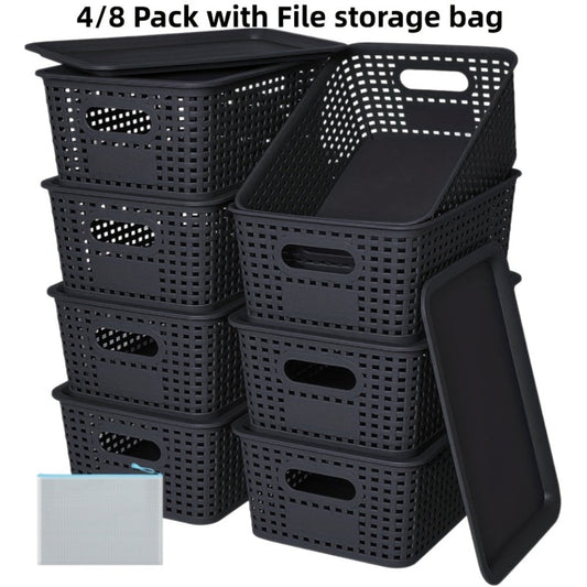Shelf Storage Organizer Bins with Lids 4 or 8 Pack, Stackable 10 x 7 x 4 Inch Boxes in Four Colors