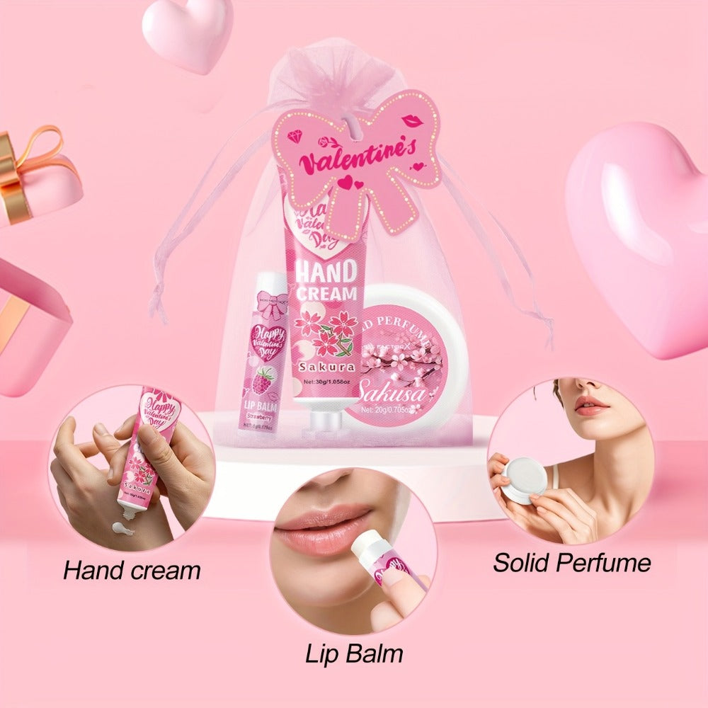 20pcs Beauty Gift Set Lip Balm Hand Cream Solid Perfume Pink Gift Bag Glossy Finish All Skin for Makeup, Travel and Everyday Vanity Use