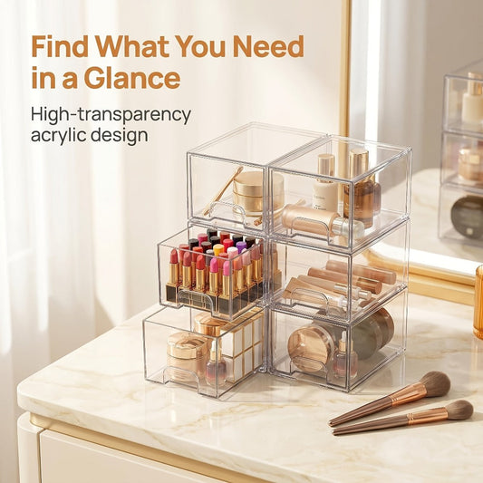 Clear Stackable Storage Drawers 8 Pack – Acrylic Bathroom Organizer Bins with Pull-Out Handle, BPA-Free Plastic Makeup Storage for Vanity