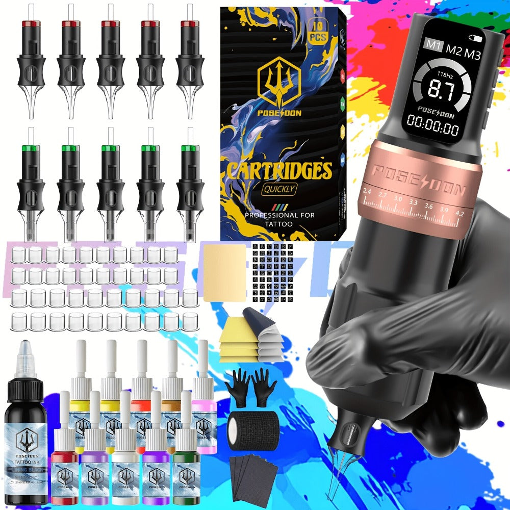 POSEIDON ZH03 Tattoo Kit with 2300mAh Adjustable-Stroke Pen, USB-C Charging, 20 Cartridges and 11 Inks