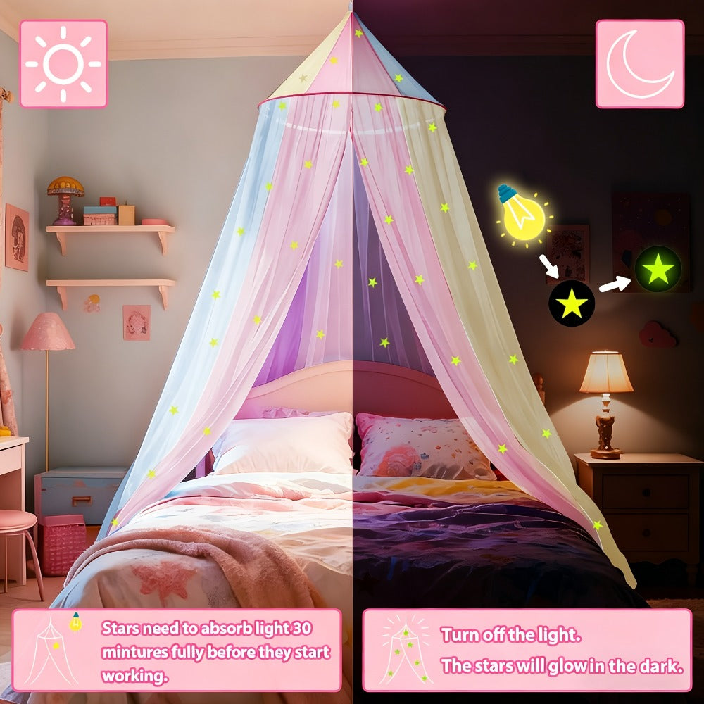 Bed Canopy for Girls Princess Rainbow Glow in the Dark Stars Colorful Canopy Curtain Fits for Entryways, Bedrooms and Living Spaces