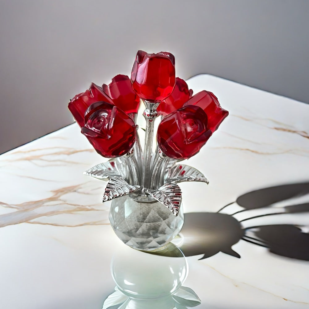 Glass Rose Sculpture Floral Home Decor – Sparkling Leaves Art Figurine for Bedroom, Living Room, Valentine's Day Gift