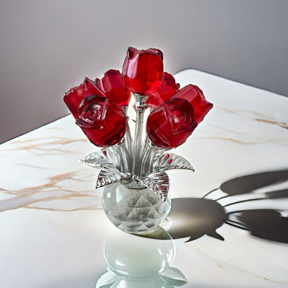 Glass Rose Sculpture Floral Home Decor – Sparkling Leaves Art Figurine for Bedroom, Living Room, Valentine's Day Gift