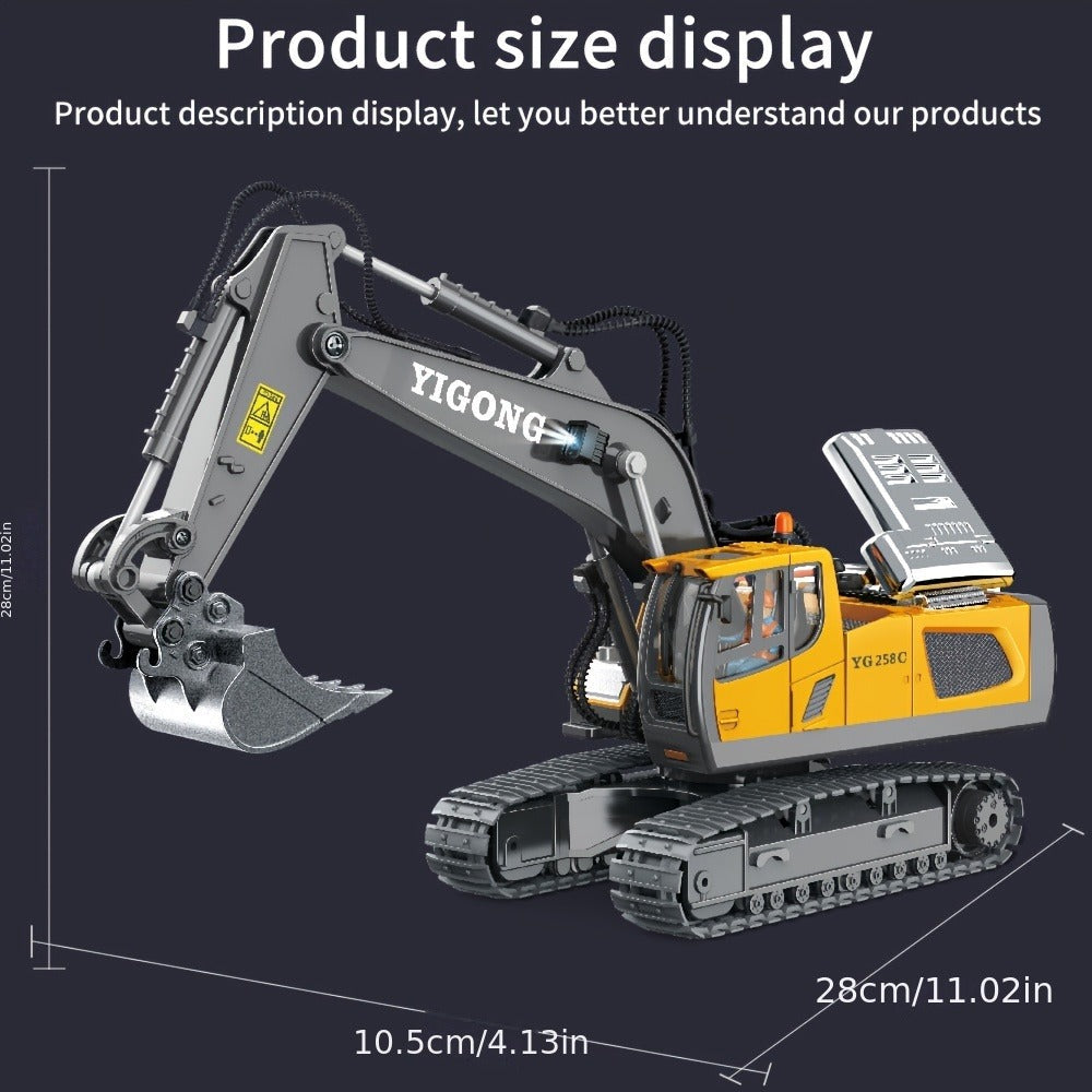RC Excavator Toy 1:18 Scale 2.4GHz Remote Control with Metal Scoop 680-Degree Rotation Lights & Sound