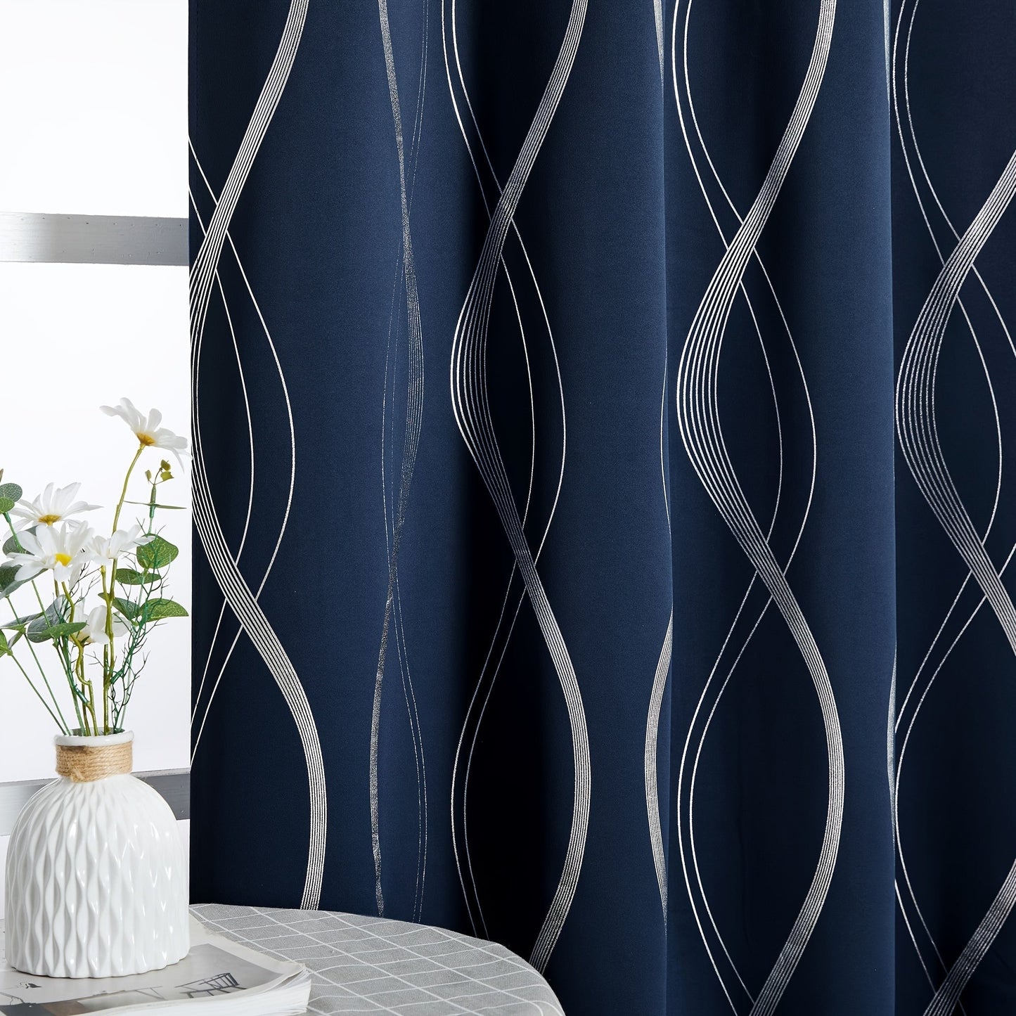 Two-Panel Wave-Line Foil Print Blackout Curtains in 10 Colors with 42- or 52-Inch Width Options