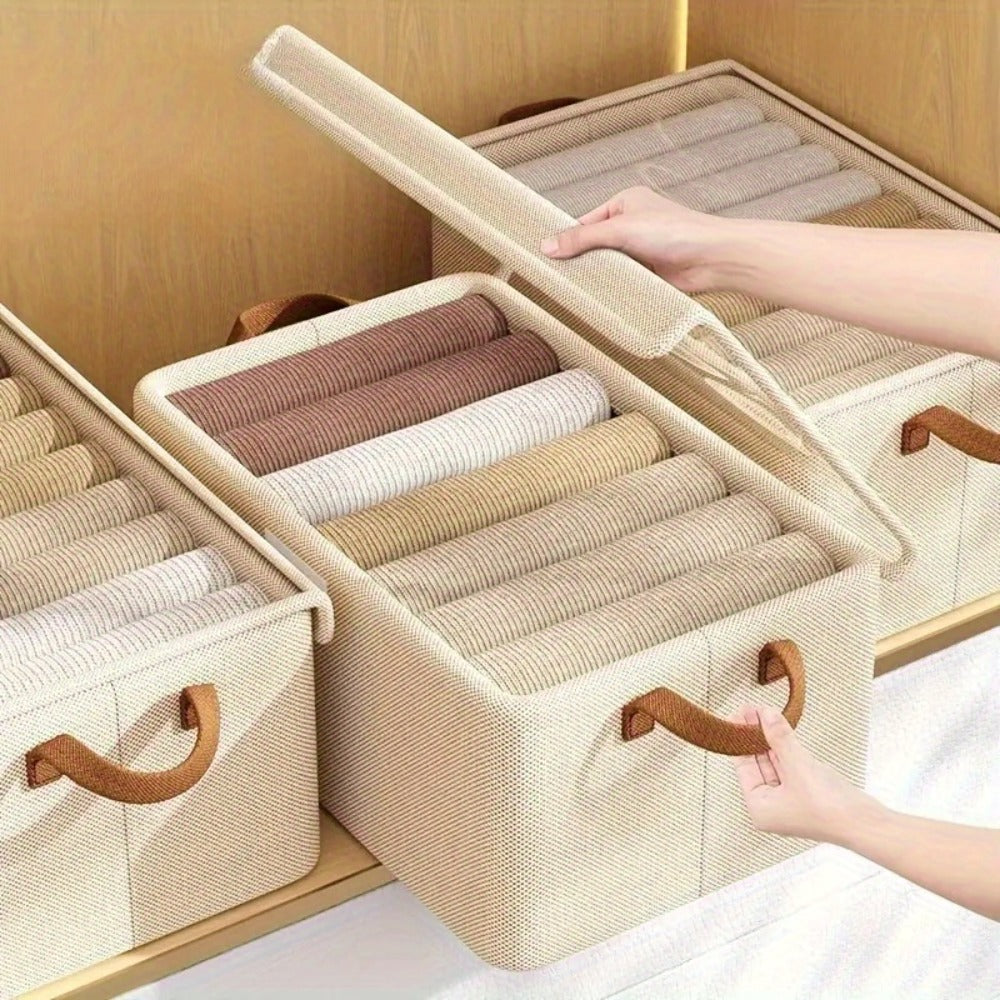 Six-Pack Foldable Fabric Storage Boxes with Clear Lids, Handles and Green, Beige or Gray Color Options