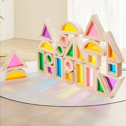 Building Block Set Translucent Acrylic Geometric Shapes with Colorful Triangle, Circle, Arch and Window Pieces