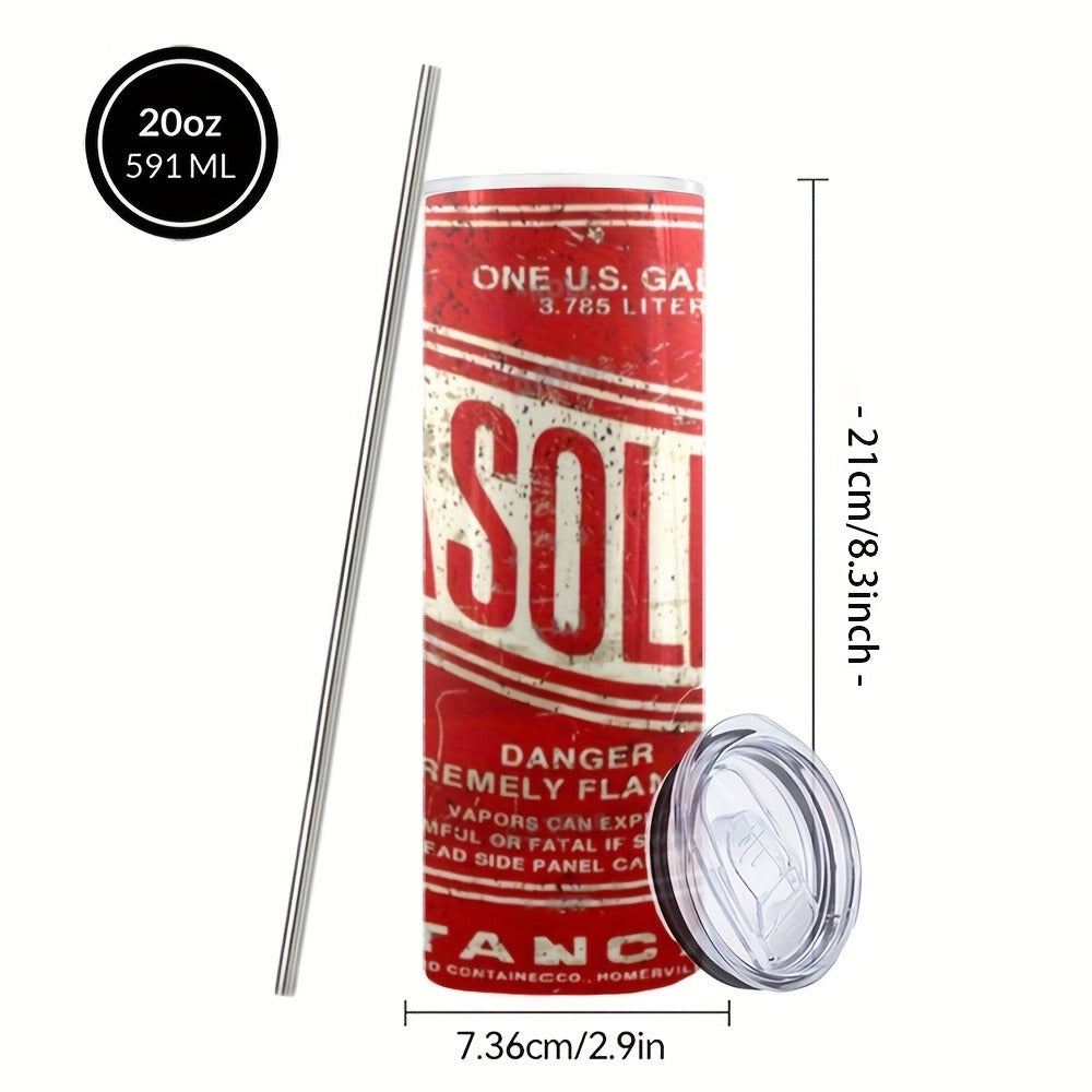 Insulated Tumbler 20oz Vintage Gasoline-Can Graphic Stainless Steel Travel Mug with Lid and Straw