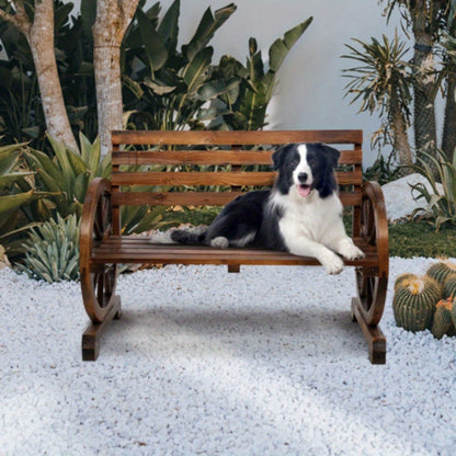 Outdoor Wooden Wheel Bench 3-Person Wagon Slatted Seat Weatherproof Porch Garden