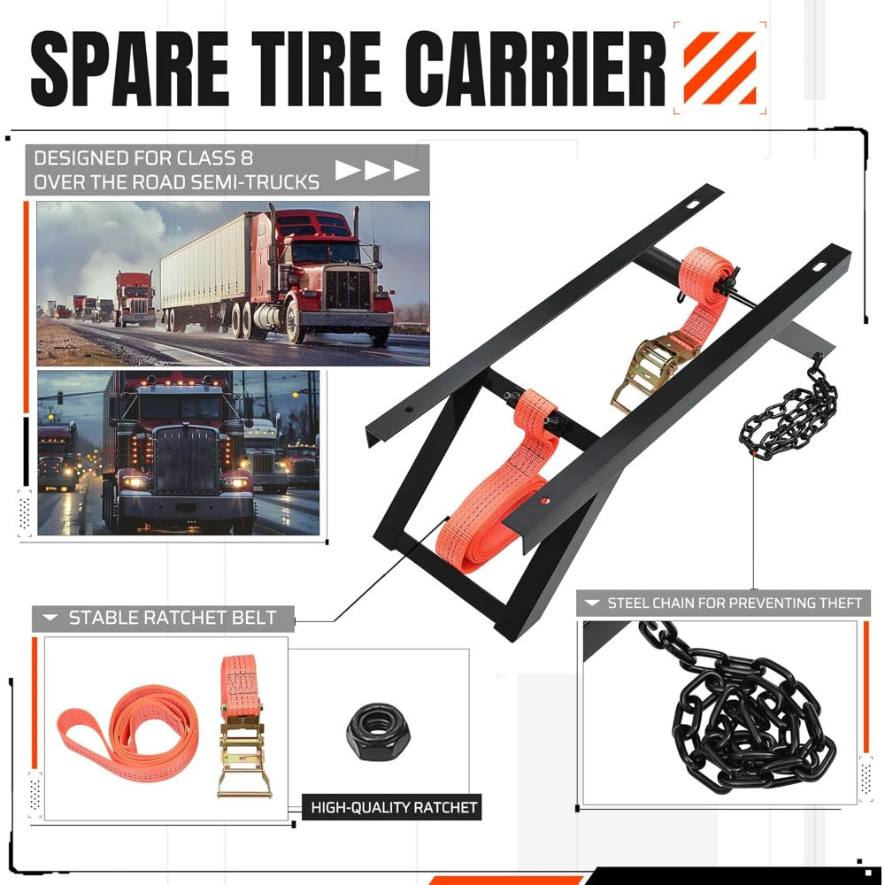 Semi Truck Spare Tire Carrier Rack Adjustable Steel Holder with Anti-Sway Chain & Ratchet Strap for Class 8 Semi-Trailers Kenworth Peterbilt