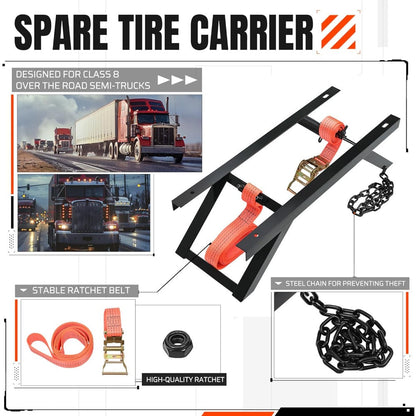 Semi Truck Spare Tire Carrier Rack Adjustable Steel Holder with Anti-Sway Chain & Ratchet Strap for Class 8 Semi-Trailers Kenworth Peterbilt