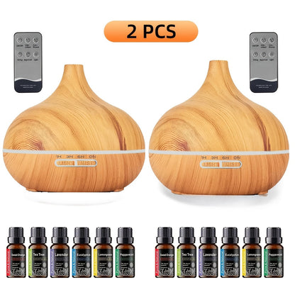 Aroma Diffuser Set 2 Diffusers 6 Essential Oils 550ml Wood Grain Cool Mist Humidifier for Entryways, Bedrooms and Living Spaces