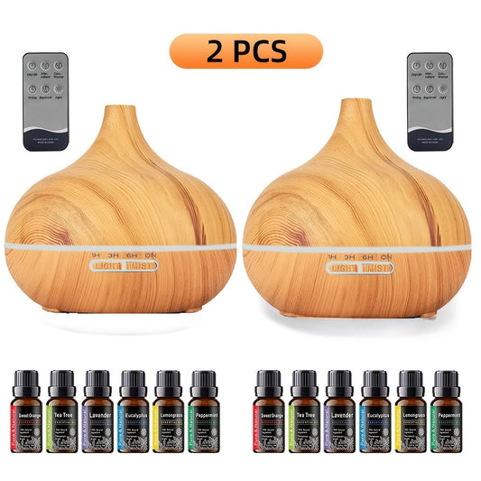 Aroma Diffuser Set 2 Diffusers 6 Essential Oils 550ml Wood Grain Cool Mist Humidifier for Entryways, Bedrooms and Living Spaces
