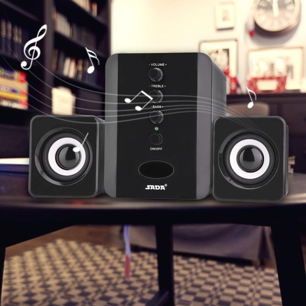 2.1 Mini Desktop Speaker System USB Powered with Independent Treble Bass Control for Bedside Audio, Alarms and Room Entertainment