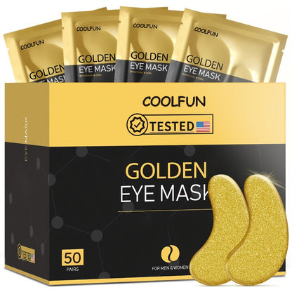 50-Pair Gold-Tone Under-Eye Patch Box with Individual Pouches and Collagen, Hyaluronic Acid and Glycerin Wording