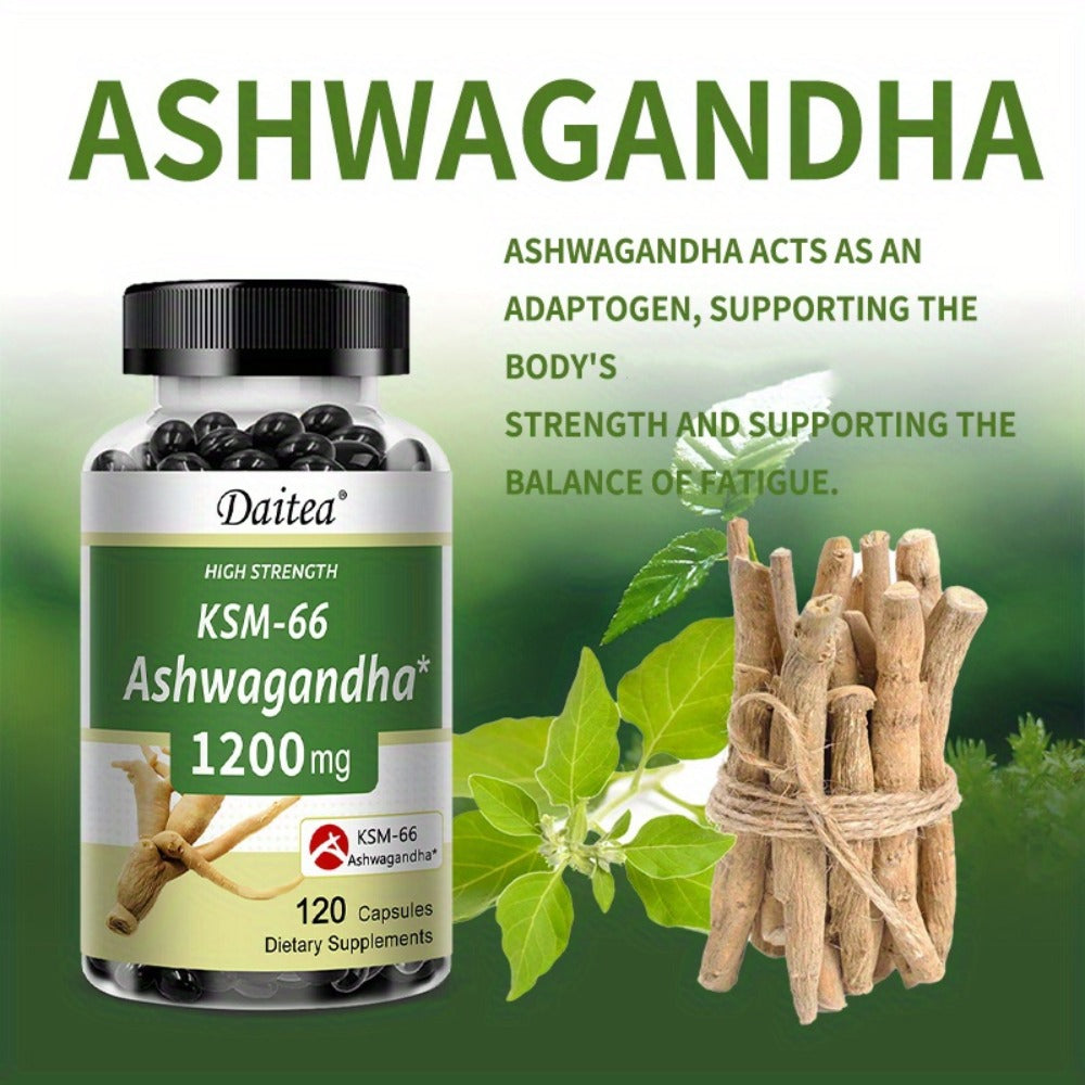 KSM-66 Ashwagandha 1200mg Extra Strength 120 Capsules for Stress, Mood Support & Anxiety, Adaptogen Supplement for Men & Women