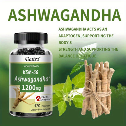 KSM-66 Ashwagandha 1200mg Extra Strength 120 Capsules for Stress, Mood Support & Anxiety, Adaptogen Supplement for Men & Women